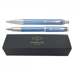 Set pix+stilou Parker IM Royal Premium albastru cu accesorii cromate