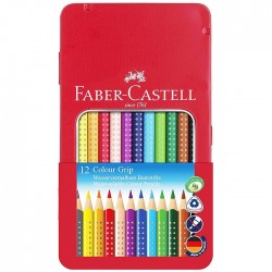 Creioane colorate 12 culori triunghiulare cu grip, in cutie de metal, Faber...