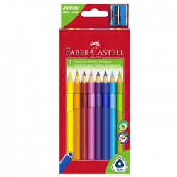 Creioane colorate 10 culori triunghiulare jumbo, cu ascutitoare, Faber...