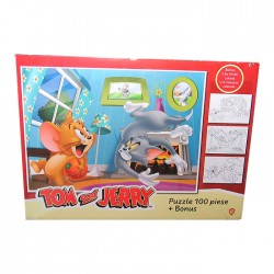 Puzzle 100 de piese Tom si Jerry + bonus: 3 foi de colorat + 4 creioane colorate