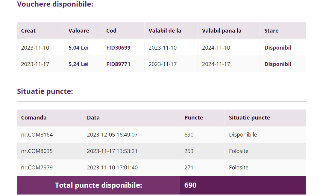 Punctele de loialitate in contul de client.